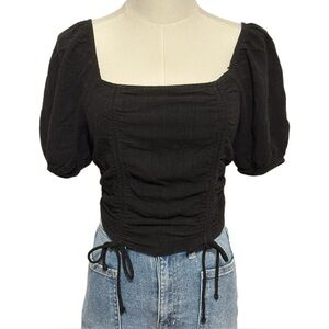 Wild Fable Black Puff Sleeve Smocked Tie-Front Blouse